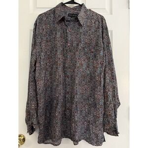 Oleg Cassini Silk Long Sleeve Button Down Men Shirt Large 70's Disco Busy Print